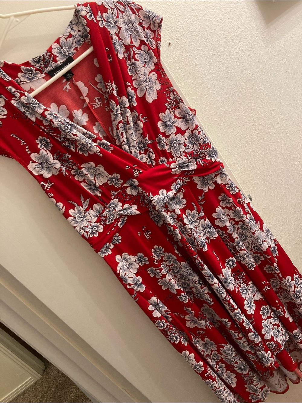 Red Floral Midi Dress with Wrap-Style Waist